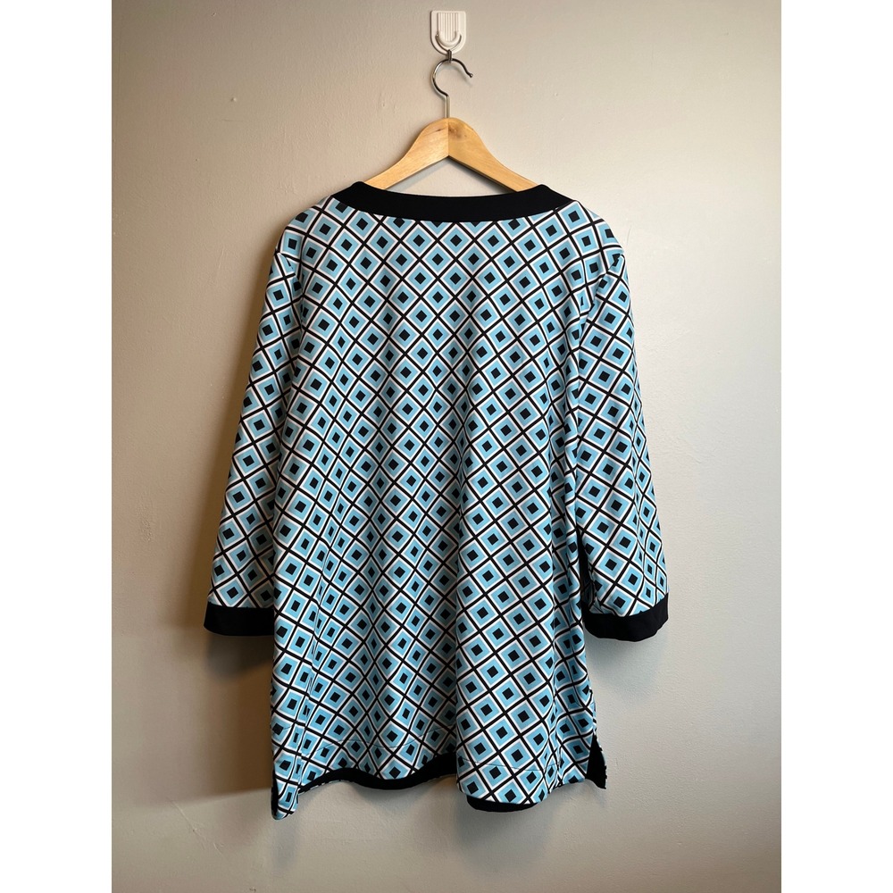 Anne Klein Blue Black Geometric Diamond‎ Print Split Neck Tunic Top 3/4 Sleeve M - Picture 4 of 8